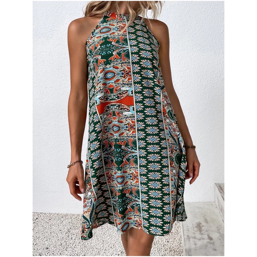 Boho Paisley Print Halter Mini Dress - Picture 5 of 7
